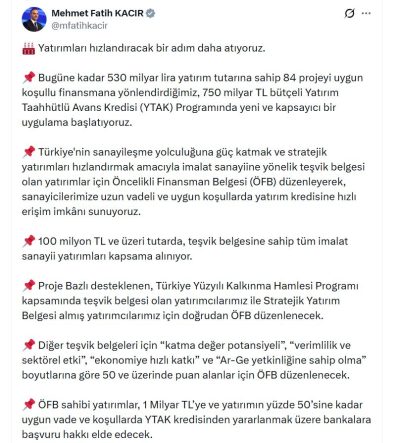 Bakan Kacır: Sanayicilerimize yatırım kredisine hızlı erişim imkanı sunuyoruz