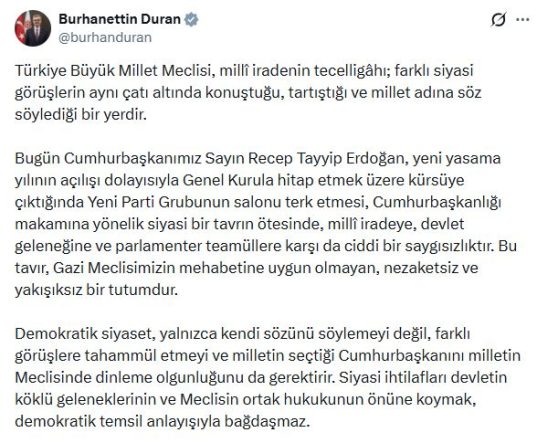 İletişim Başkanı Duran: Yeni Parti Grubunun salonu terk etmesi ciddi bir saygısızlıktır